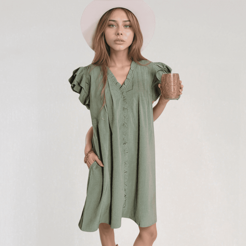Isla Ruffle Mini Dress – Short Sleeve A-Line with Button Detail