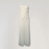 Amara 3D Floral Chiffon Maxi Dress – Pleated Empire Gown with Appliqué Detail