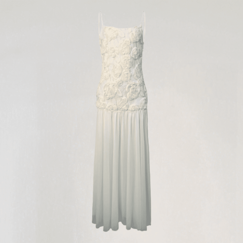 Amara 3D Floral Chiffon Maxi Dress – Pleated Empire Gown with Appliqué Detail