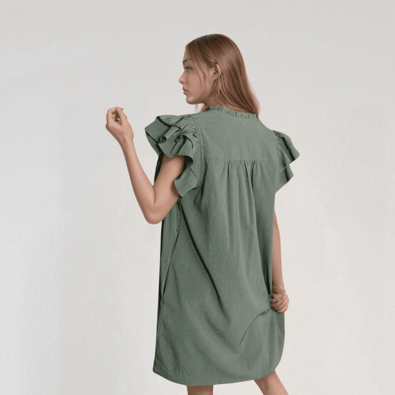 Isla Ruffle Mini Dress – Short Sleeve A-Line with Button Detail