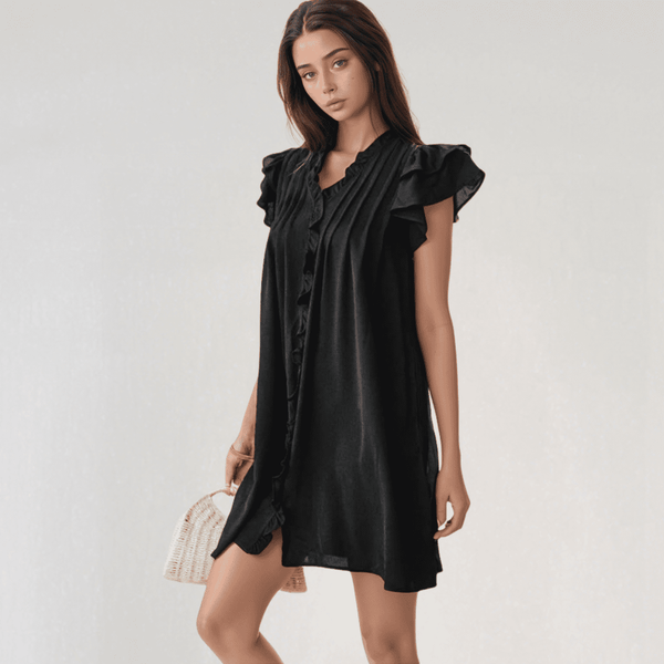 Isla Ruffle Mini Dress – Short Sleeve A-Line with Button Detail