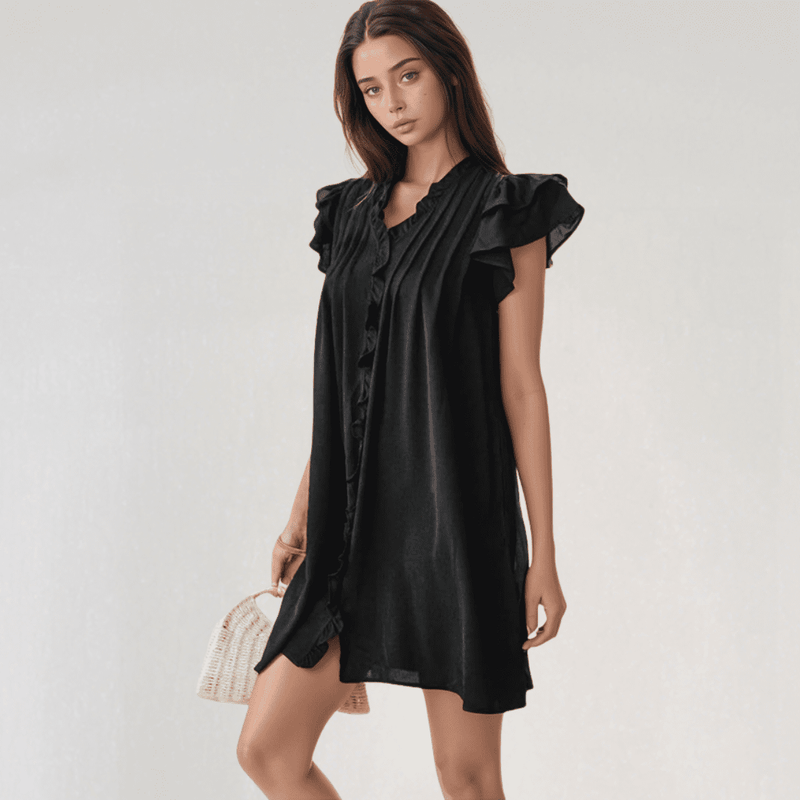 Isla Ruffle Mini Dress – Short Sleeve A-Line with Button Detail