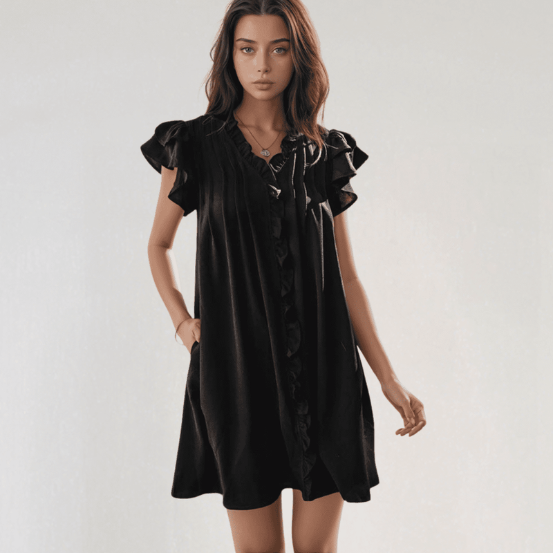 Isla Ruffle Mini Dress – Short Sleeve A-Line with Button Detail