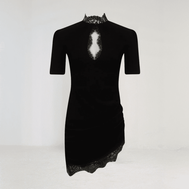 Noir Celeste Cut-Out Lace Mini Dress – Bold Elegance with Ruched Detail
