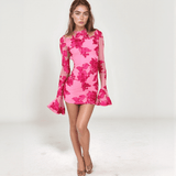 Seraphina Floral Mesh Mini Dress – Sheer Sleeves & Flared Cuffs