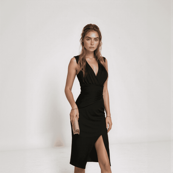 Elira Pleated V-Neck Midi Dress – Elegant Ruched Evening Silhouette