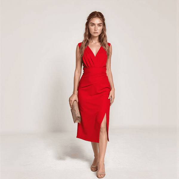 Elira Pleated V-Neck Midi Dress – Elegant Ruched Evening Silhouette