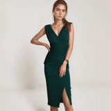 Elira Pleated V-Neck Midi Dress – Elegant Ruched Evening Silhouette