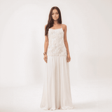 Amara 3D Floral Chiffon Maxi Dress – Pleated Empire Gown with Appliqué Detail