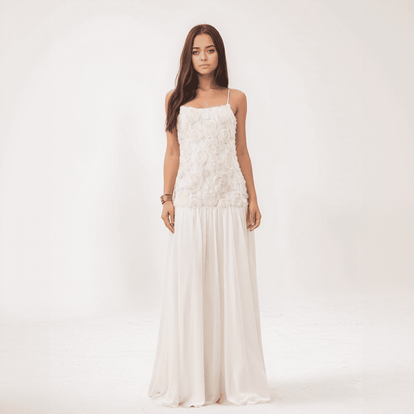 Amara 3D Floral Chiffon Maxi Dress – Pleated Empire Gown with Appliqué Detail