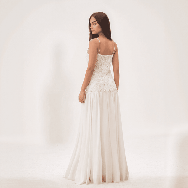 Amara 3D Floral Chiffon Maxi Dress – Pleated Empire Gown with Appliqué Detail