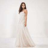 Amara 3D Floral Chiffon Maxi Dress – Pleated Empire Gown with Appliqué Detail