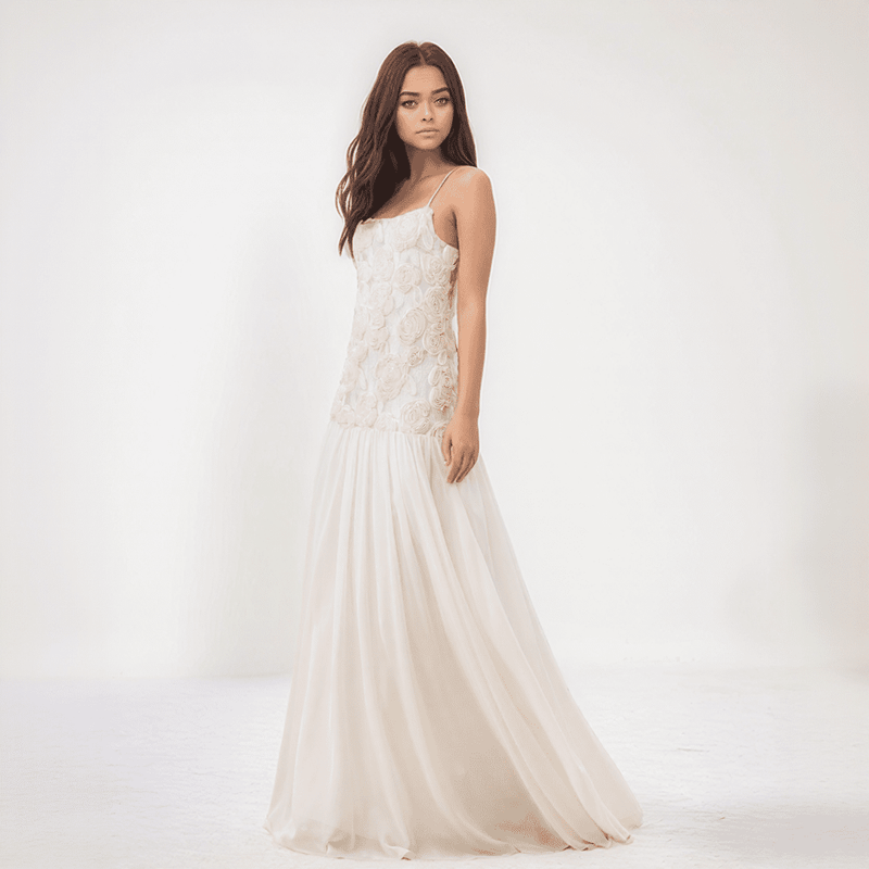 Amara 3D Floral Chiffon Maxi Dress – Pleated Empire Gown with Appliqué Detail