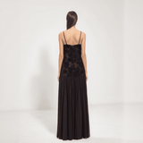 Amara 3D Floral Chiffon Maxi Dress – Pleated Empire Gown with Appliqué Detail