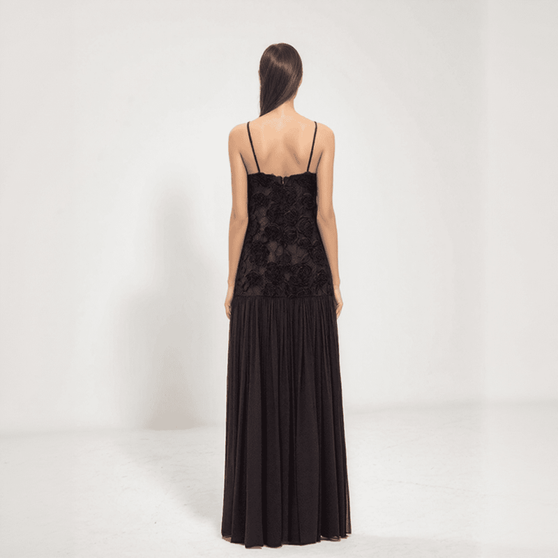 Amara 3D Floral Chiffon Maxi Dress – Pleated Empire Gown with Appliqué Detail