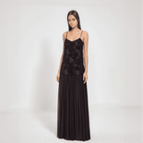 Amara 3D Floral Chiffon Maxi Dress – Pleated Empire Gown with Appliqué Detail
