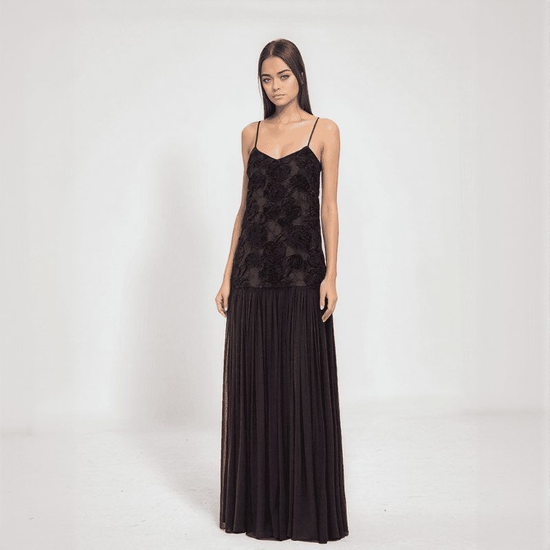 Amara 3D Floral Chiffon Maxi Dress – Pleated Empire Gown with Appliqué Detail
