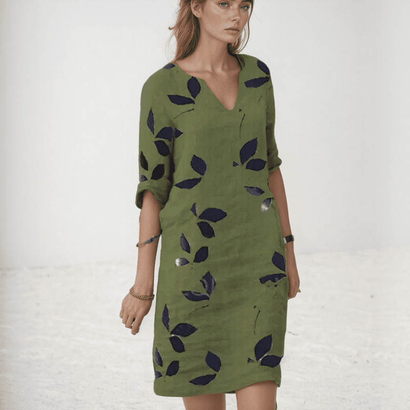 Solene Leaf Print Shirt Dress – Casual Button-Down with Pockets
